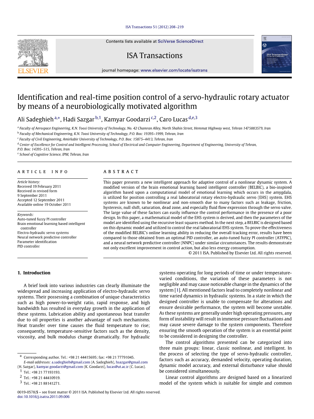 Identification and Real-Time Position Control of a Servo-Hydraulic Rotary Actuator by Means of a Neurobiologically Motivated Algorithm