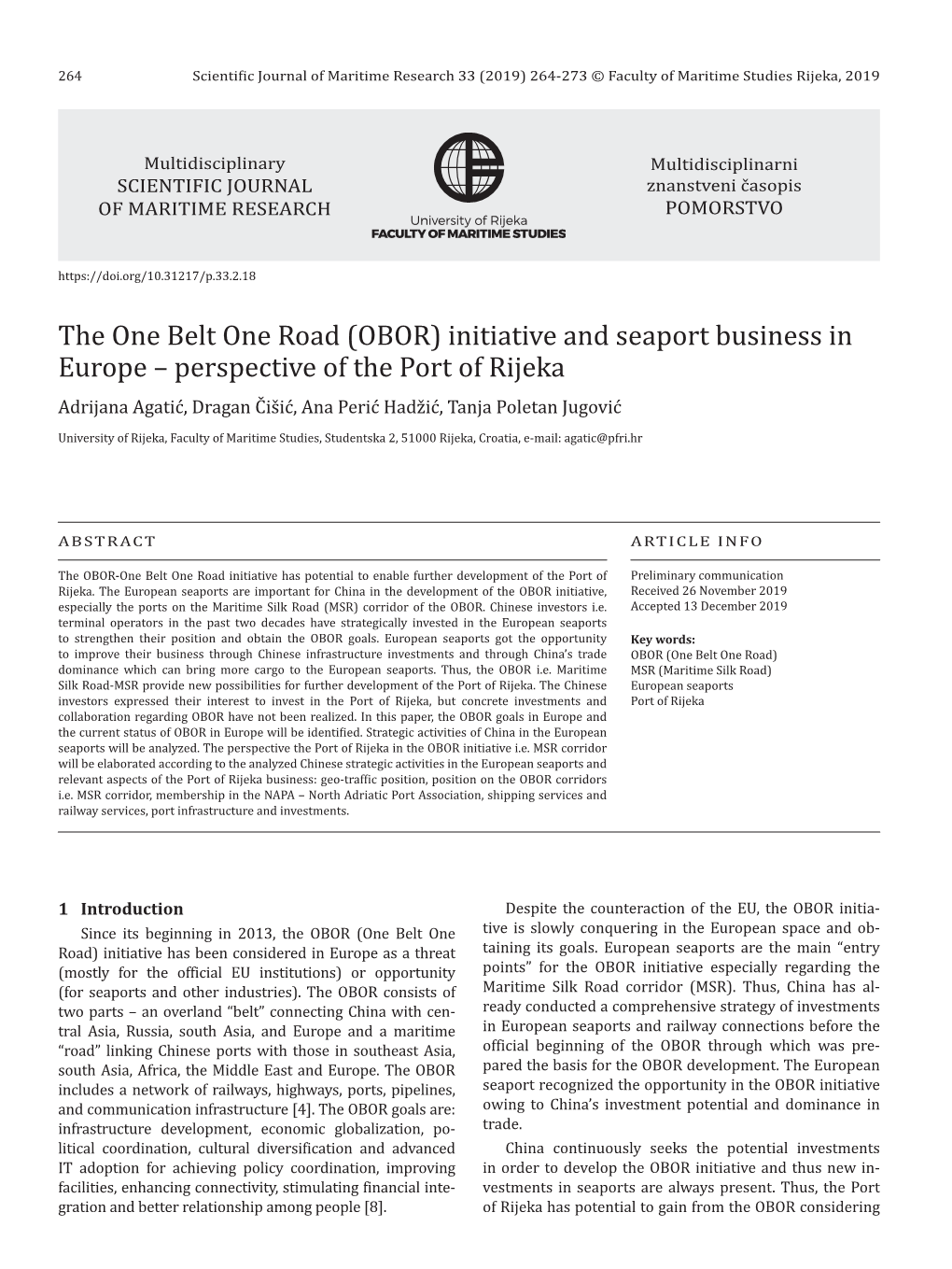 (OBOR) Initiative and Seaport Business in Europe