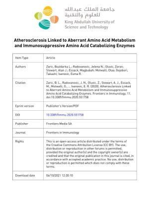 Atherosclerosis Linked to Aberrant Amino Acid Metabolism and Immunosuppressive Amino Acid Catabolizing Enzymes