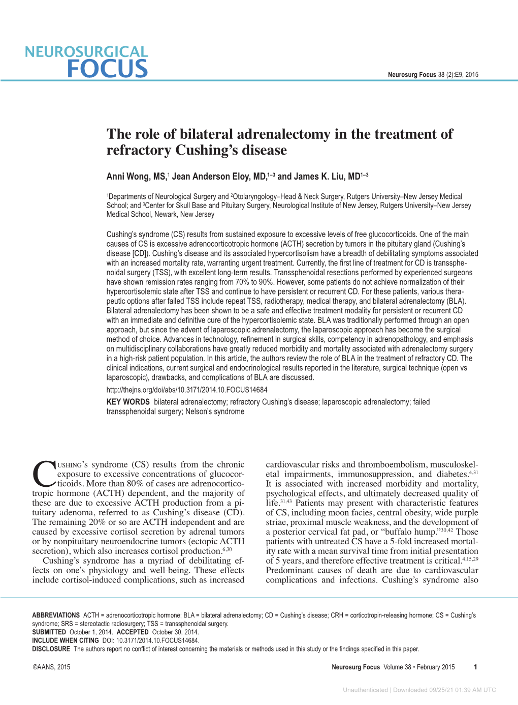 The Role of Bilateral Adrenalectomy in the Treatment of Refractory Cushing's
