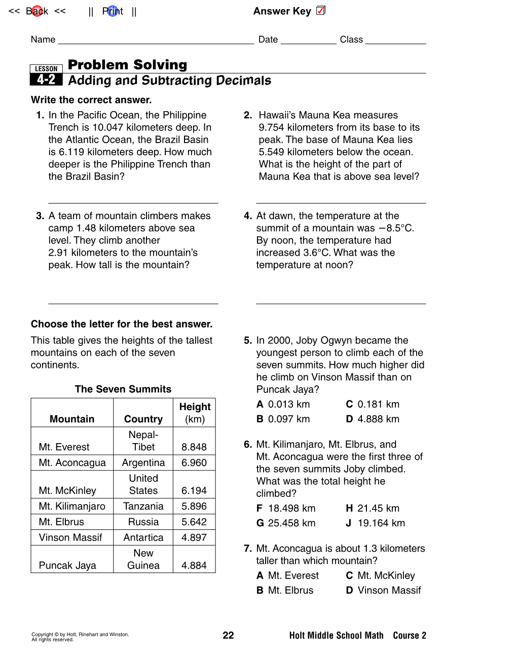 Problem Solving 4-2 Adding and Subtracting Decimals Write the Correct Answer