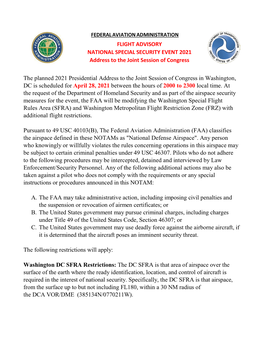 FLIGHT ADVISORY NATIONAL SPECIAL SECURITY EVENT 2021 Address to the Joint Session of Congress