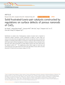 Solid Frustrated-Lewis-Pair Catalysts Constructed by Regulations on Surface Defects of Porous Nanorods of Ceo2