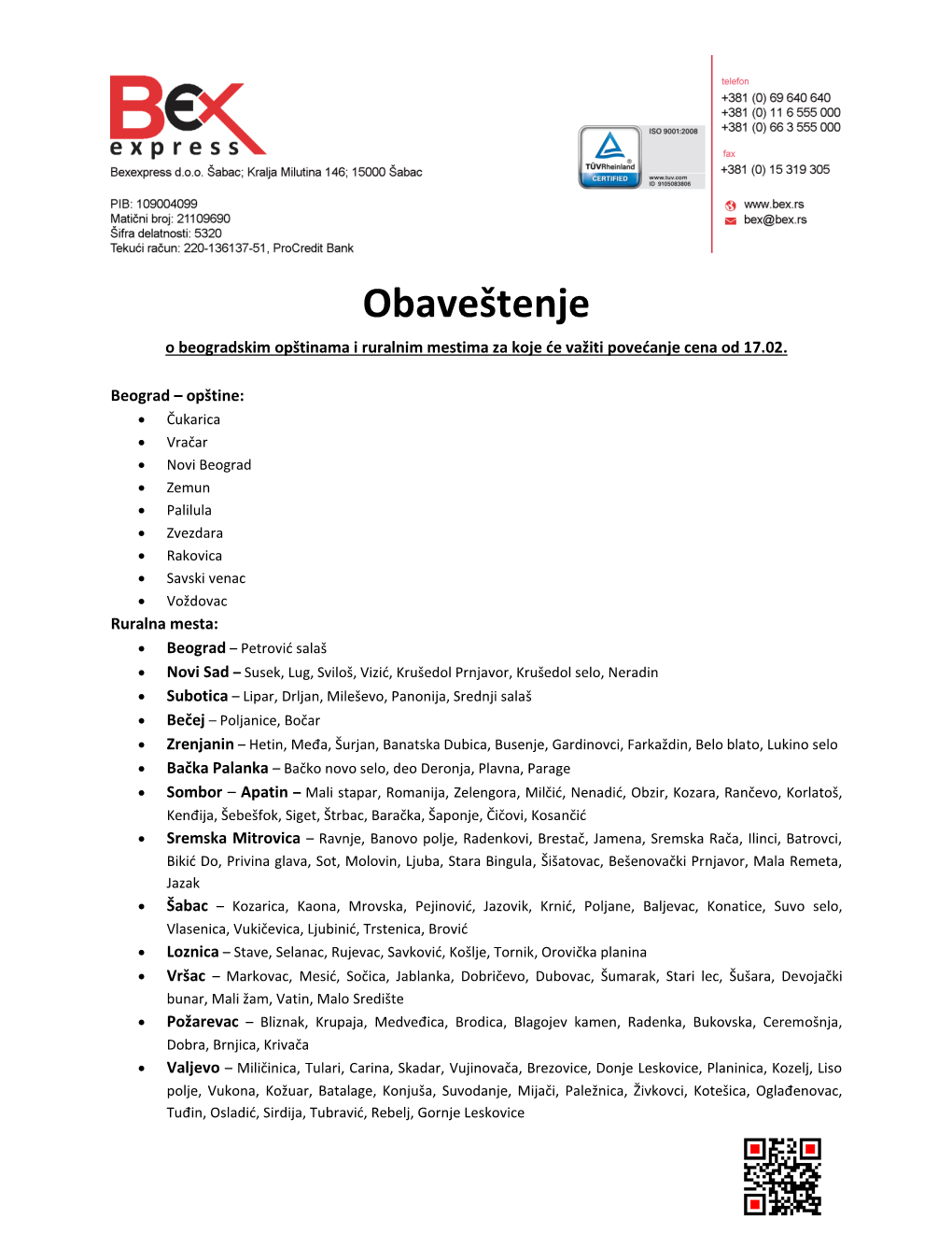 Obaveštenje O Beogradskim Opštinama I Ruralnim Mestima Za Koje Će Važiti Povećanje Cena Od 17.02