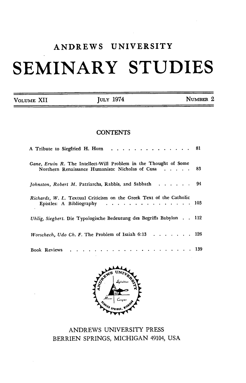 Andrews University Seminary Studies for 1974