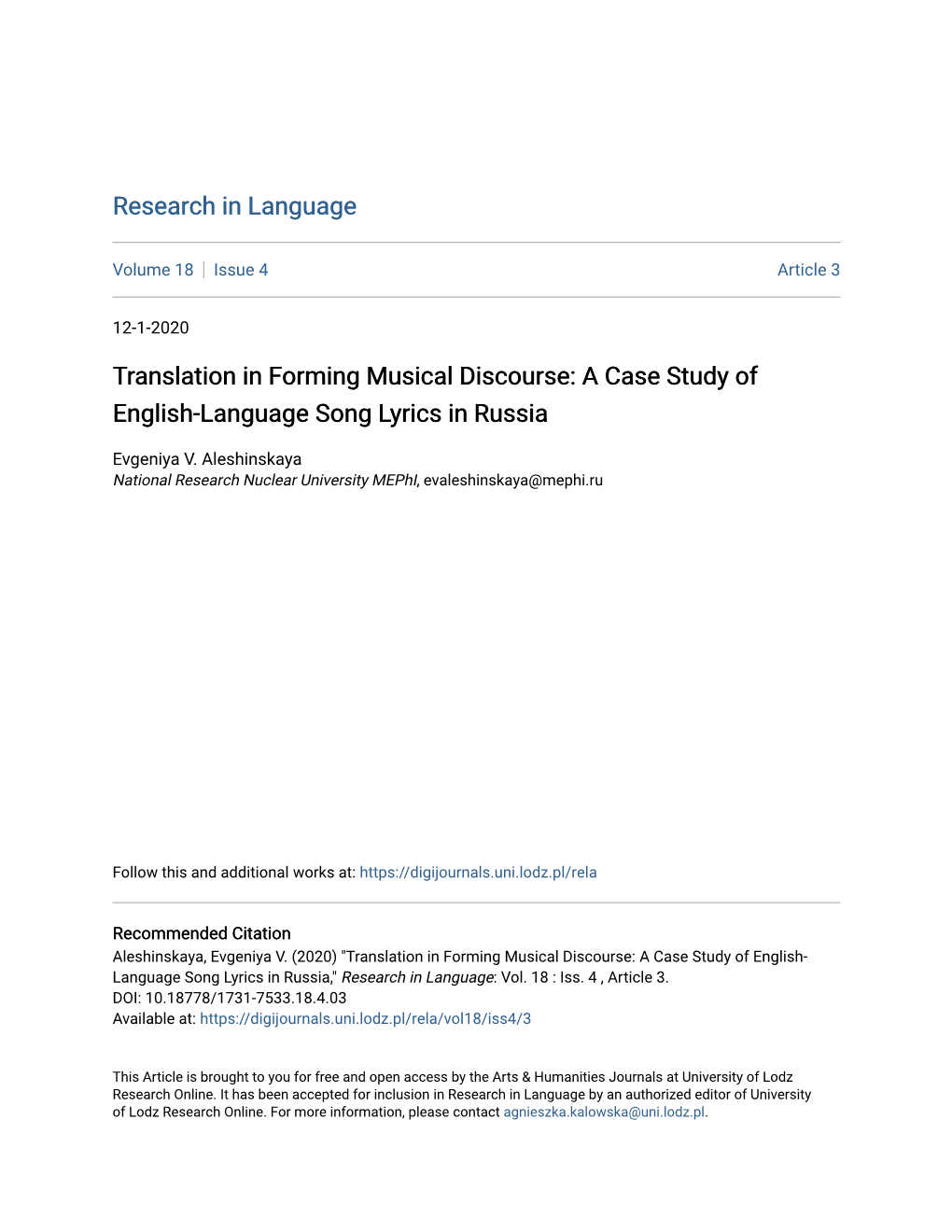 Translation in Forming Musical Discourse: a Case Study of English-Language Song Lyrics in Russia