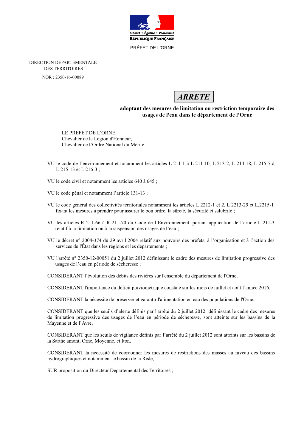 ARRETE Adoptant Des Mesures De Limitation Ou Restriction Temporaire Des Usages De L'eau Dans Le Département De L’Orne