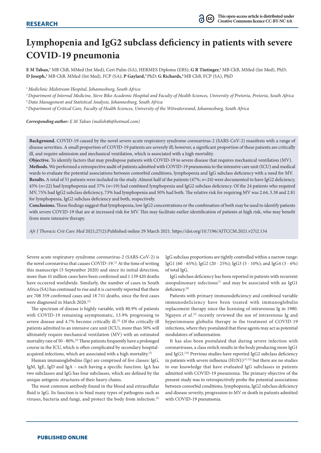 Lymphopenia and Igg2 Subclass Deficiency in Patients with Severe COVID-19 Pneumonia