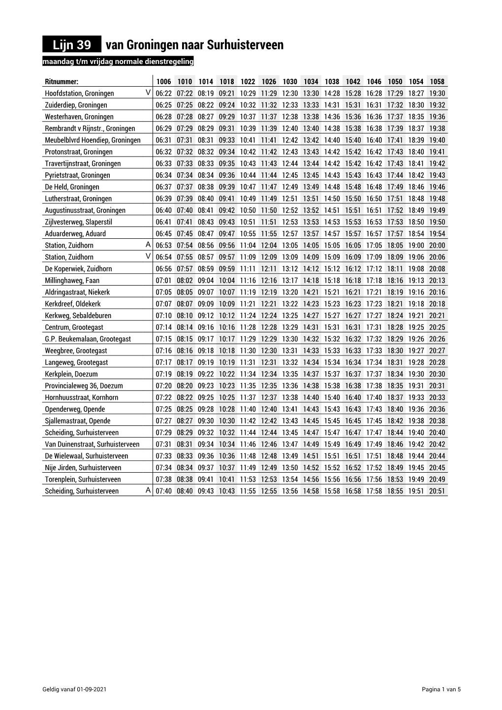 Lijn 39 Van Groningen Naar Surhuisterveen Maandag T/M Vrijdag Normale Dienstregeling