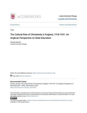 The Cultural Role of Christianity in England, 1918-1931: an Anglican Perspective on State Education