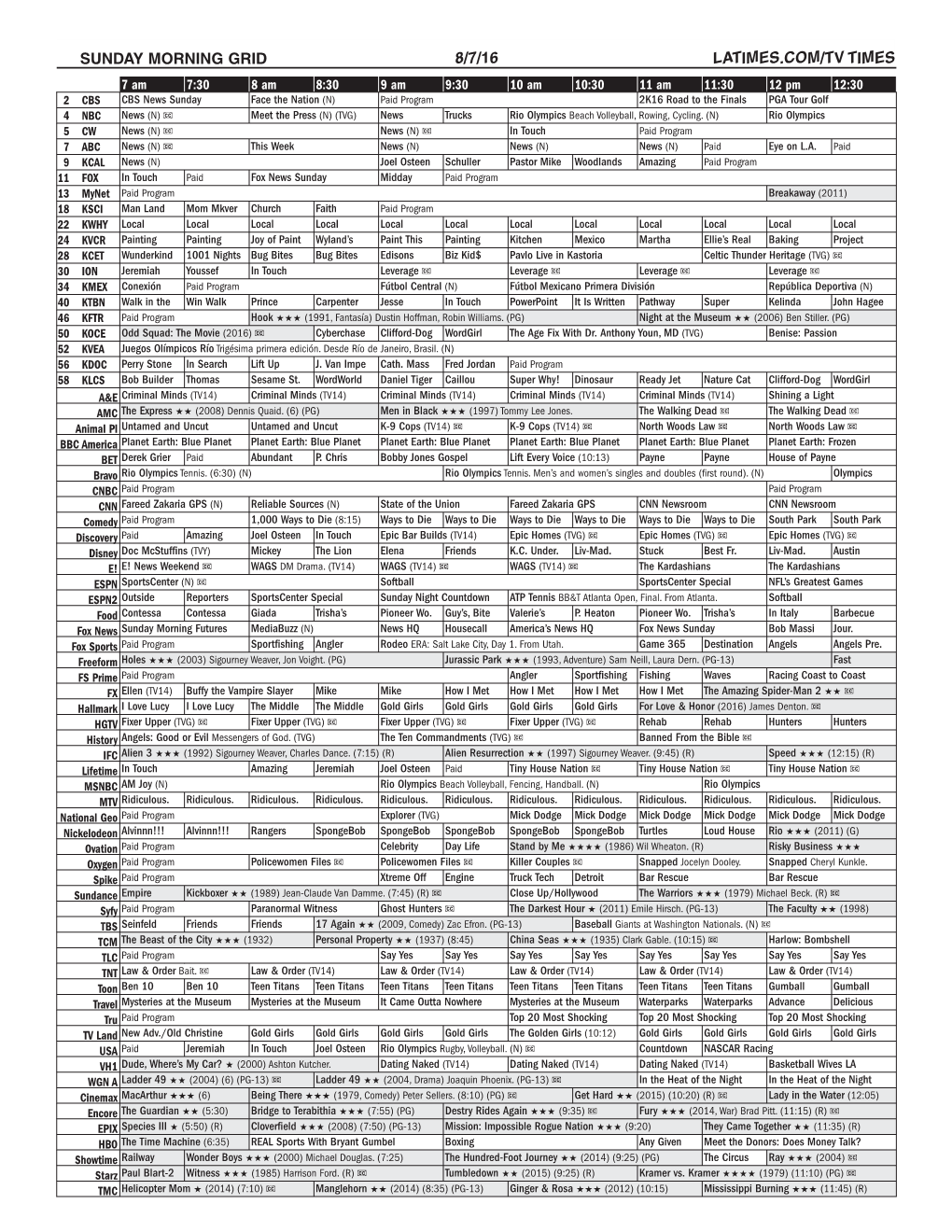 Sunday Morning Grid 8/7/16 Latimes.Com/Tv Times