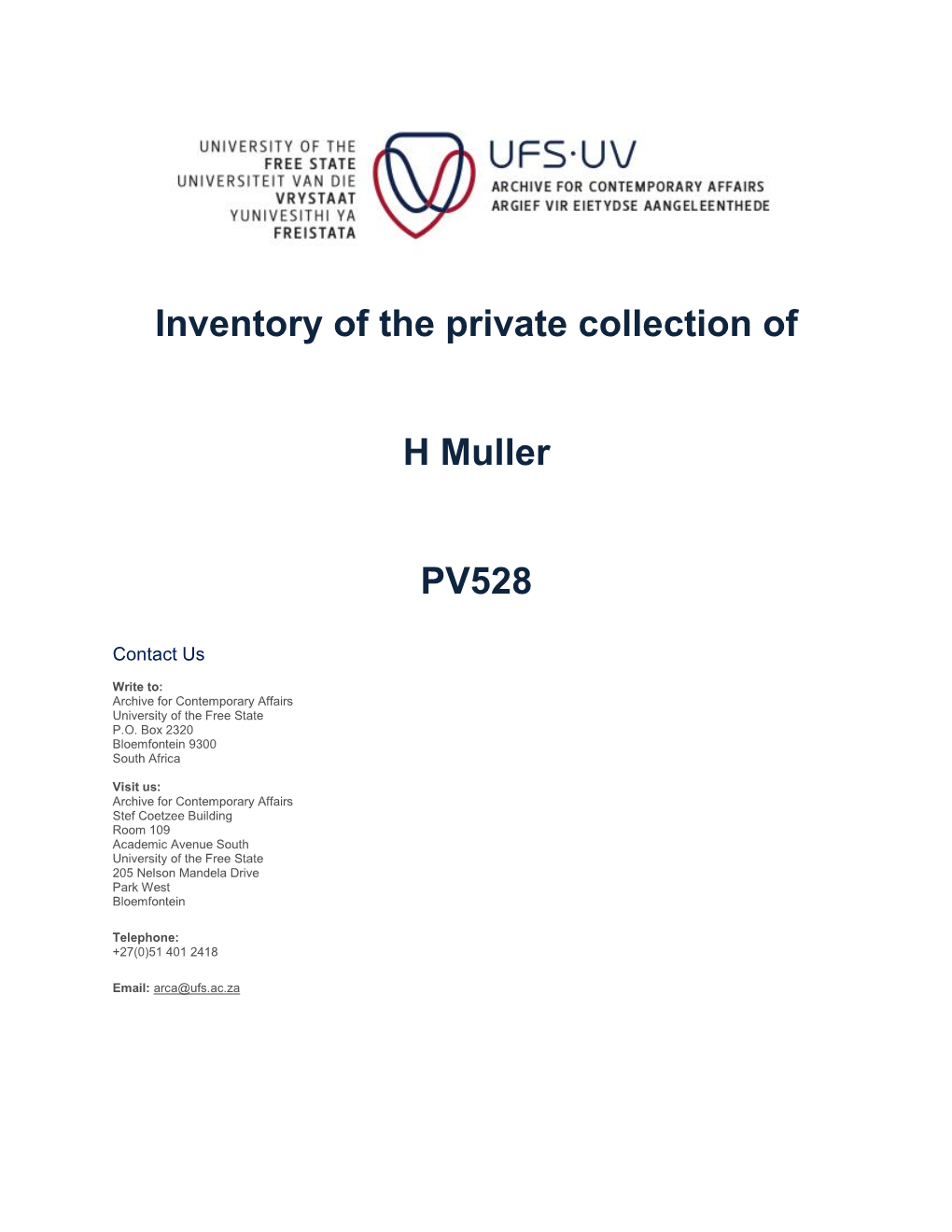 Inventory of the Private Collection of H Muller PV528