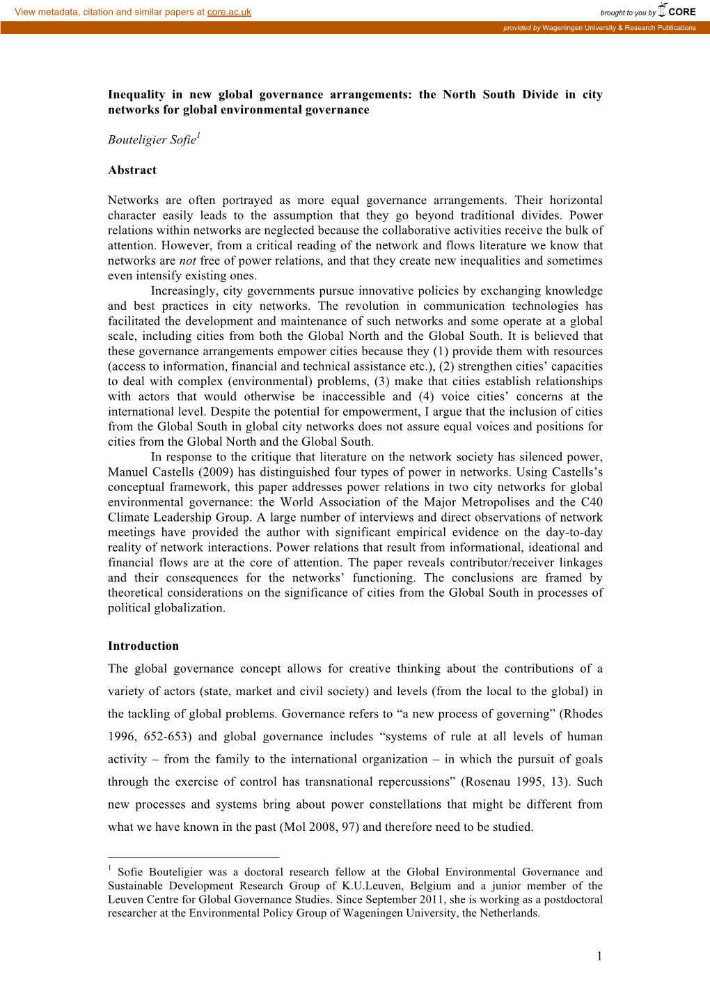 Inequality in New Global Governance Arrangements: the North South Divide in City Networks for Global Environmental Governance