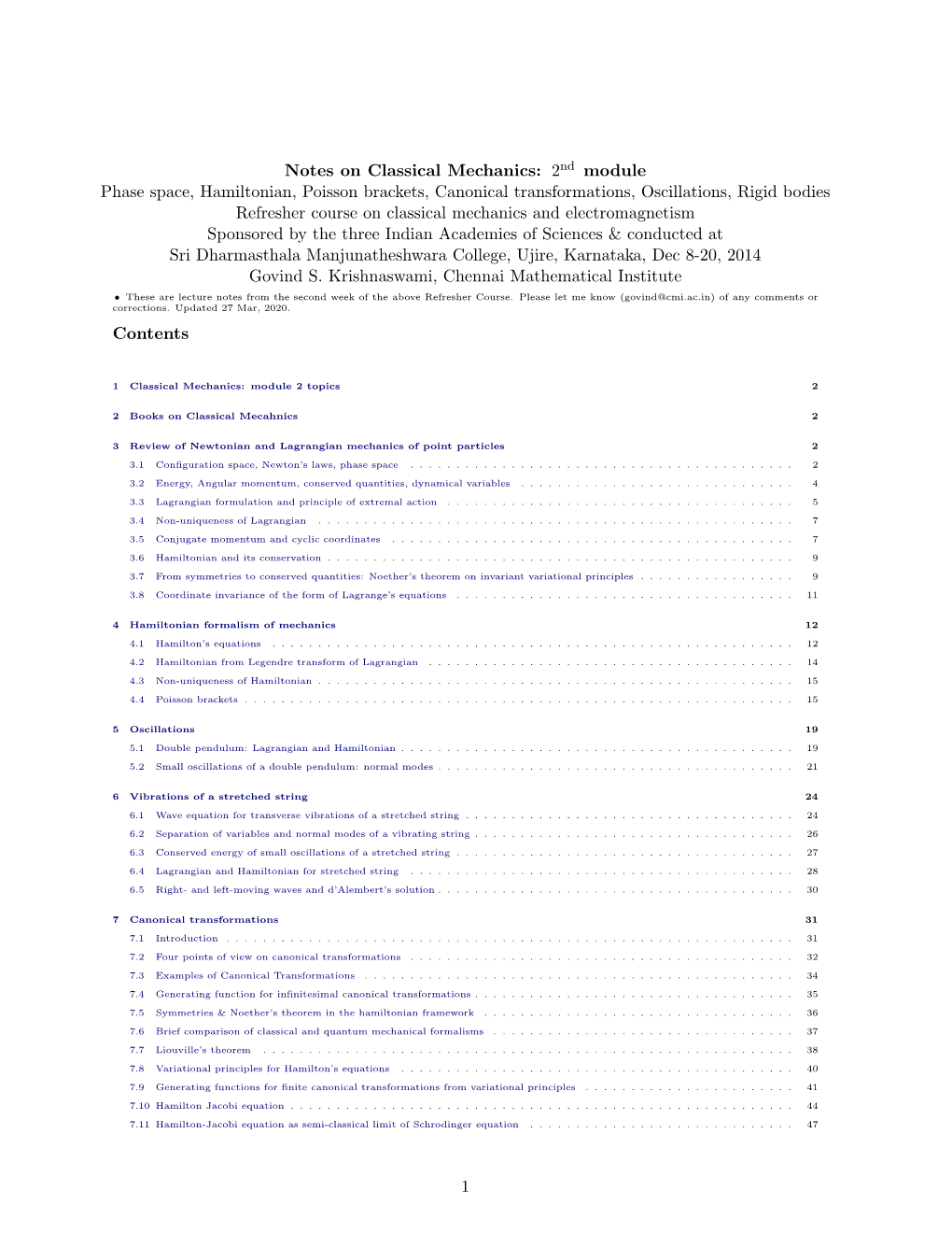 Notes on Classical Mechanics: 2Nd Module Phase Space, Hamiltonian