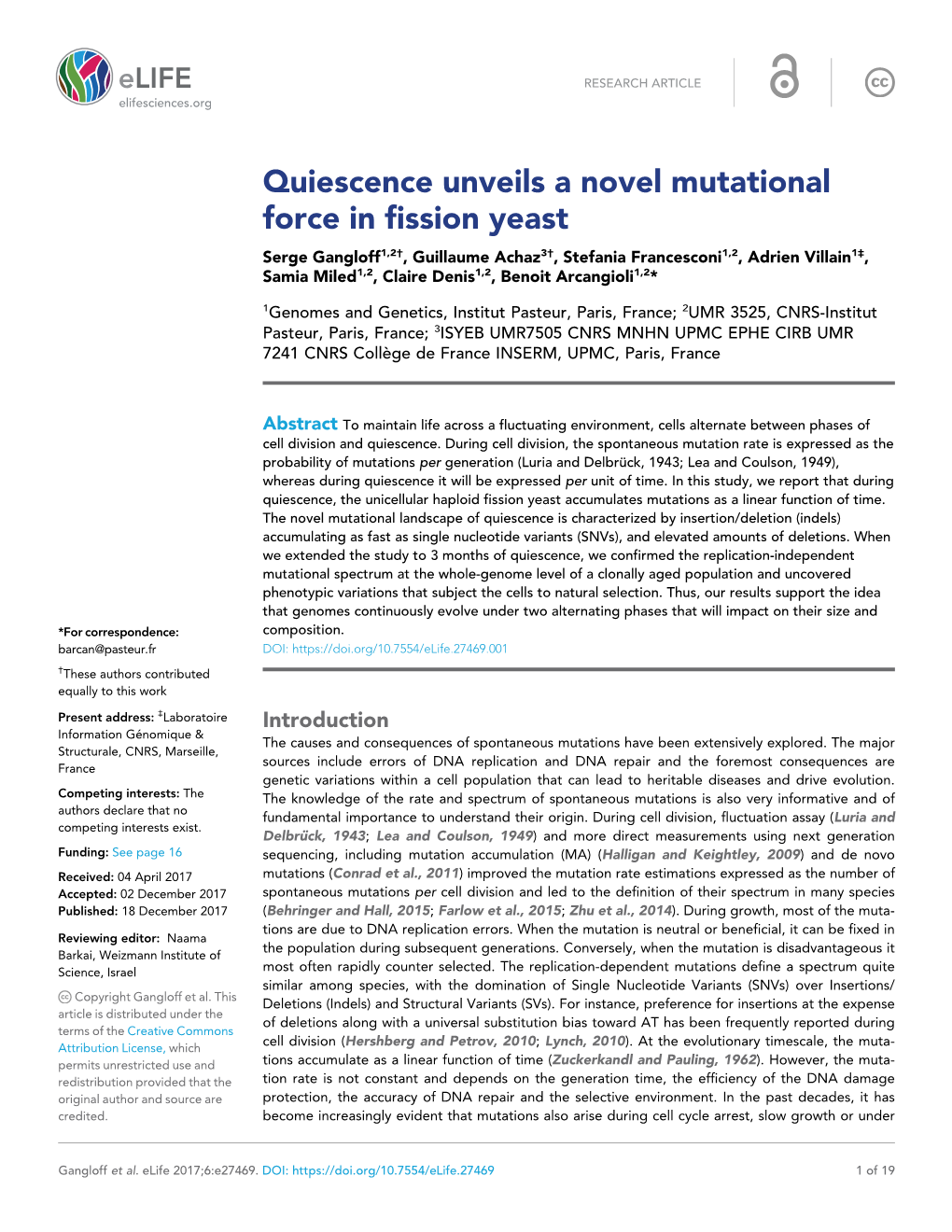 Quiescence Unveils a Novel Mutational Force in Fission Yeast