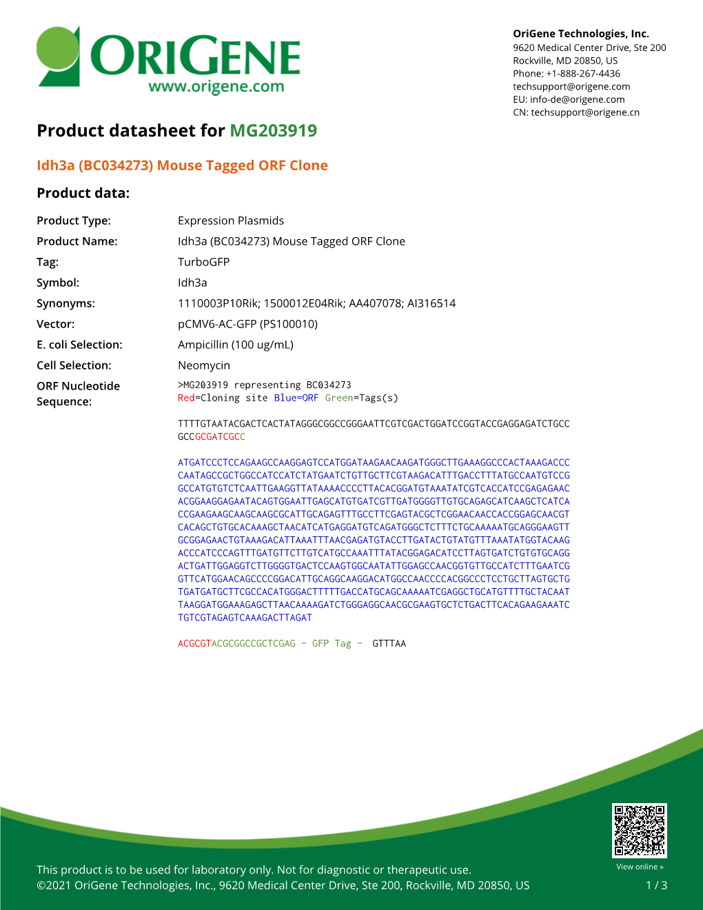 Idh3a (BC034273) Mouse Tagged ORF Clone – MG203919 | Origene