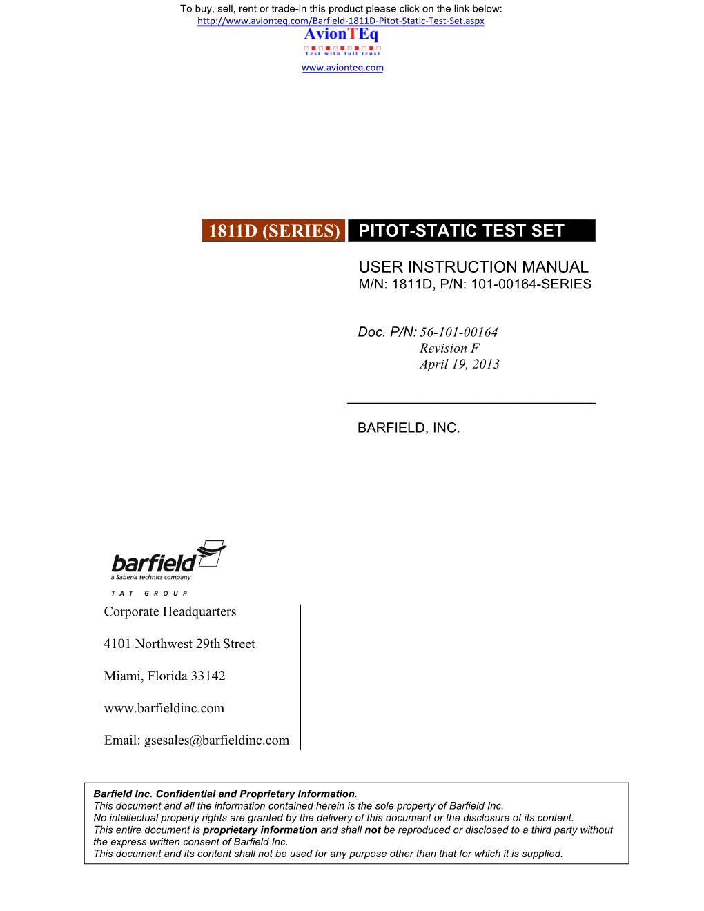 Barfield 1811D403 Pitot Static Test Set Operations Manual