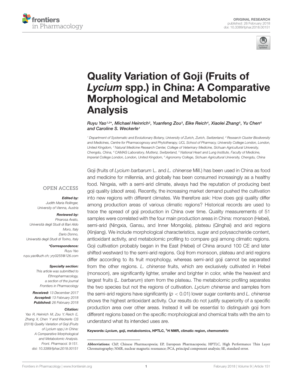 Quality Variation of Goji (Fruits of Lycium Spp.) in China: a Comparative Morphological and Metabolomic Analysis