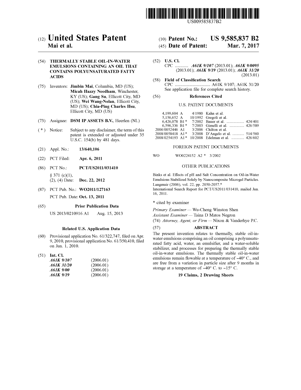 (12) United States Patent (10) Patent No.: US 9,585,837 B2 Mai Et Al