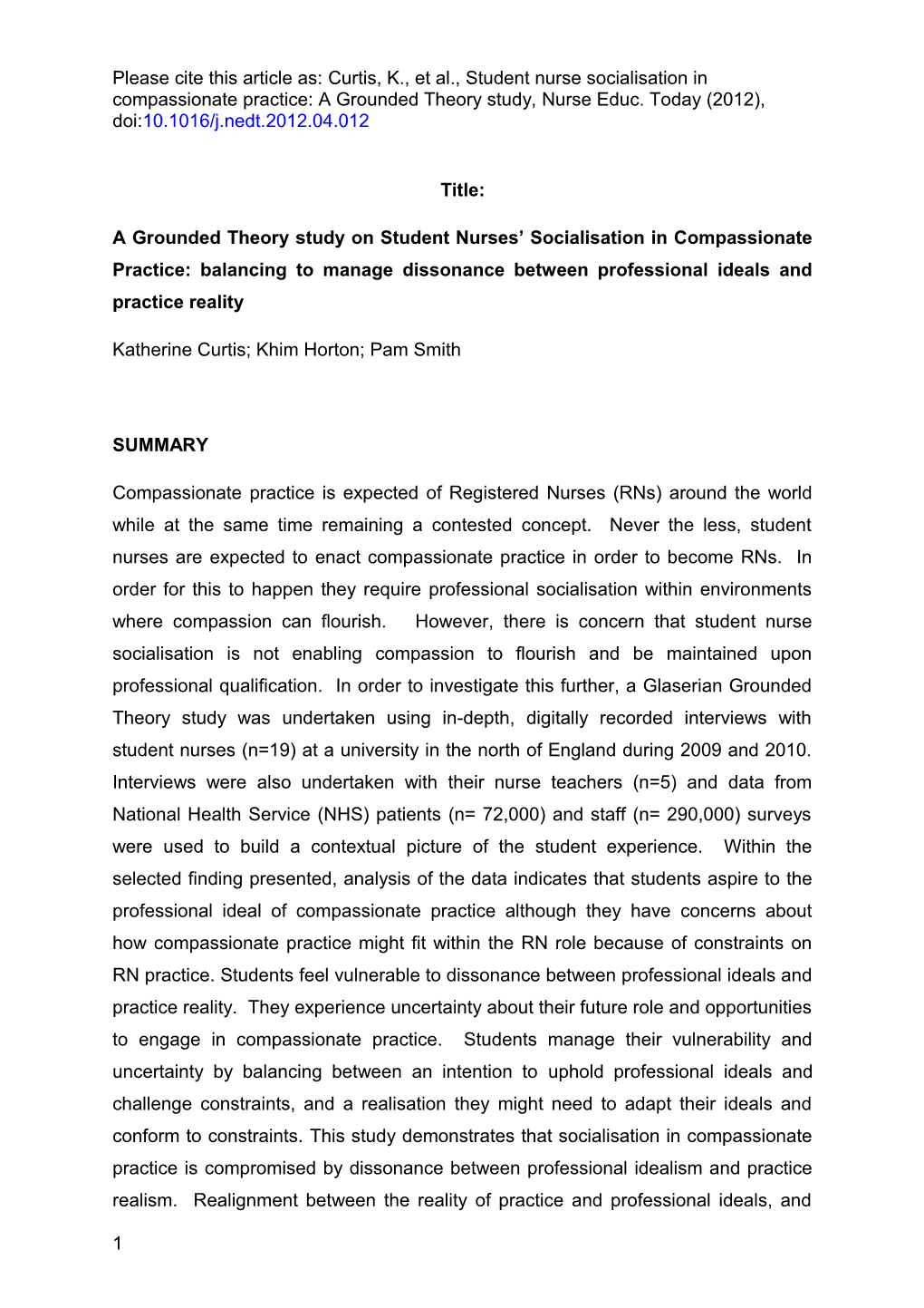 A Grounded Theory Study on Student Nurses Socialisation in Compassionate Practice: Balancing