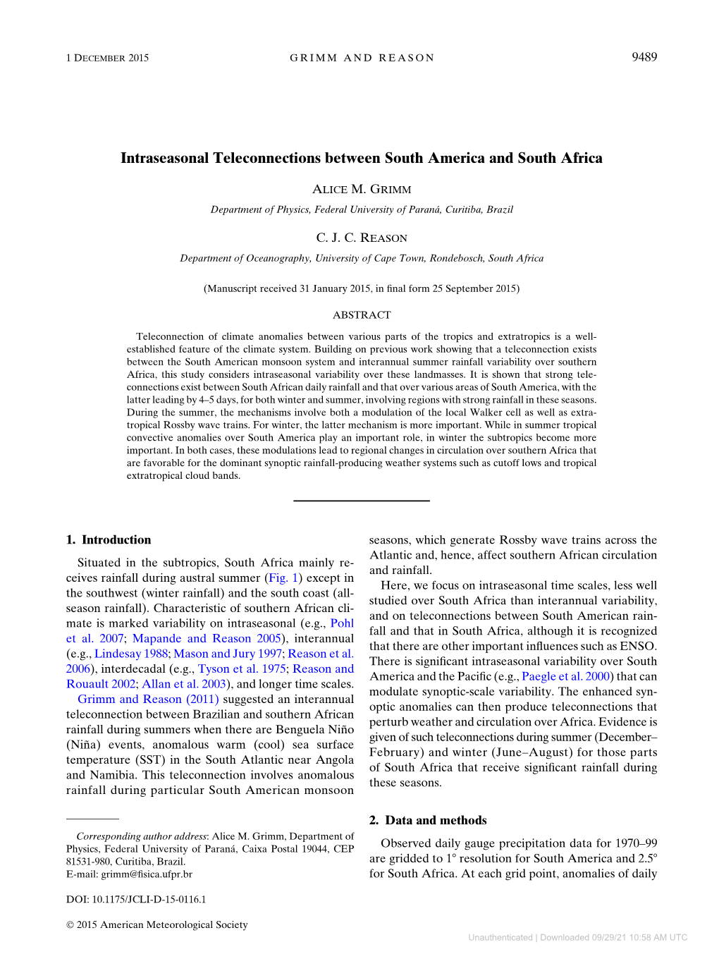 Intraseasonal Teleconnections Between South America and South Africa