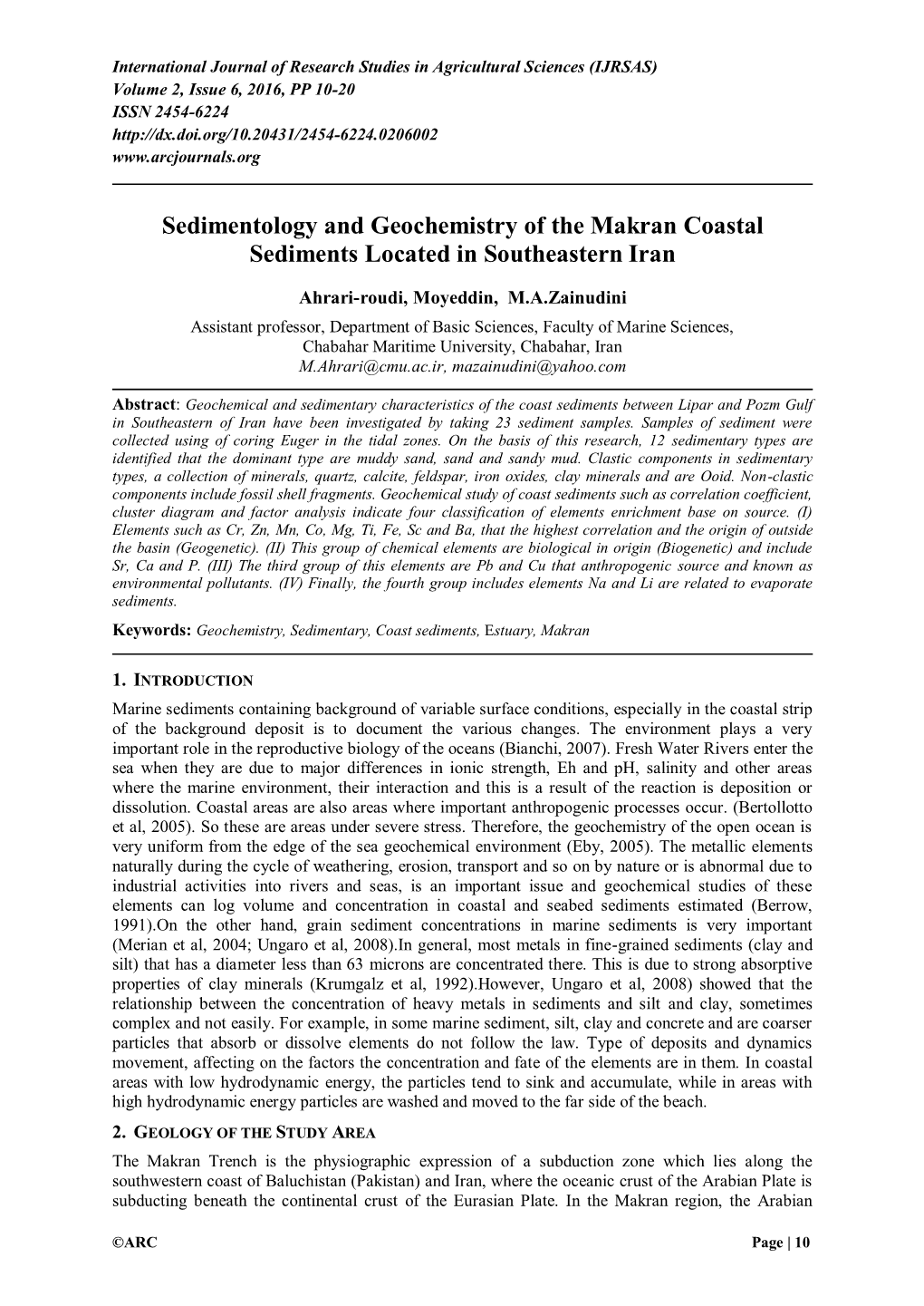 Sedimentology and Geochemistry of the Makran Coastal Sediments Located in Southeastern Iran