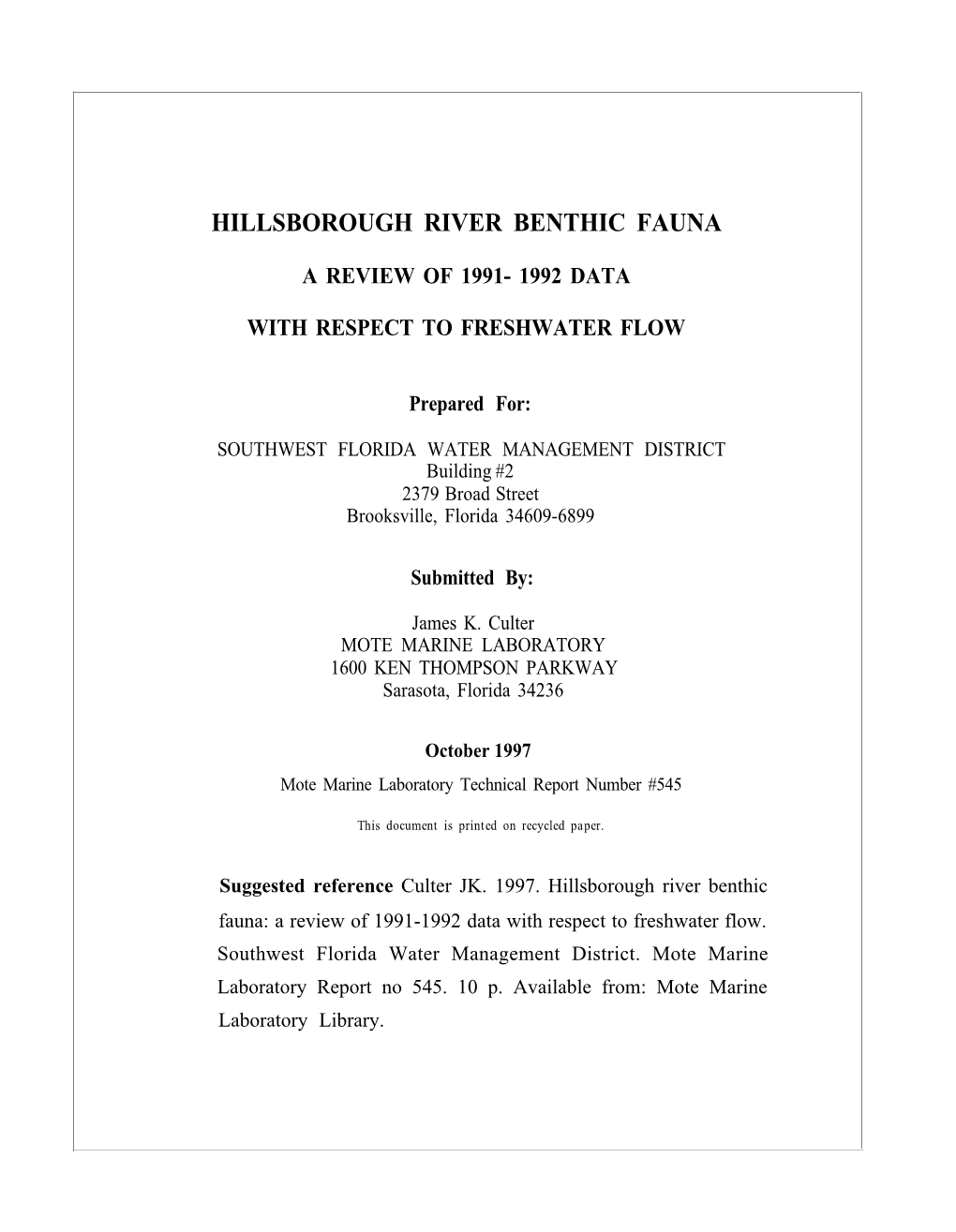 Hillsborough River Benthic Fauna