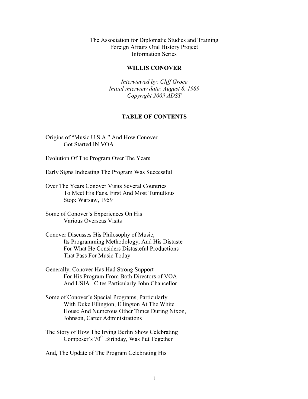 The Association for Diplomatic Studies and Training Foreign Affairs Oral History Project Information Series