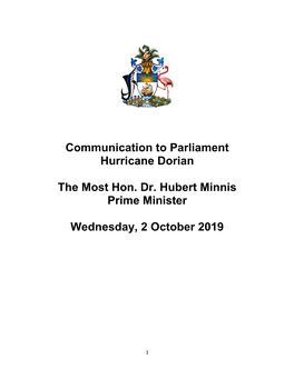 Communication to Parliament Hurricane Dorian the Most Hon. Dr