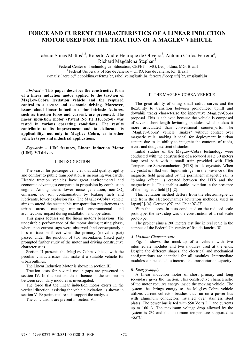 Force and Current Characteristics of a Linear Induction Motor Used for the Traction of a Maglev Vehicle