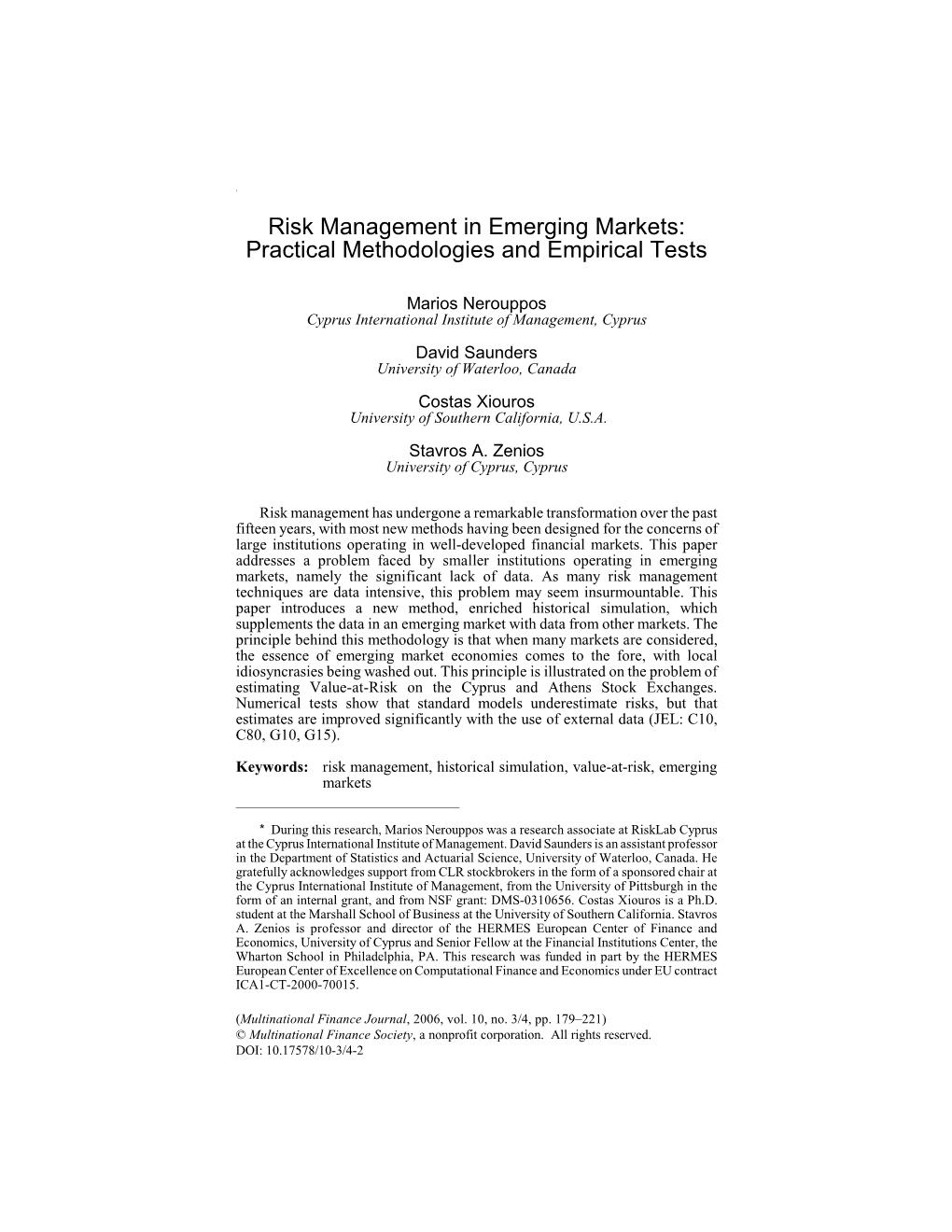 Risk Management in Emerging Markets: Practical Methodologies and Empirical Tests