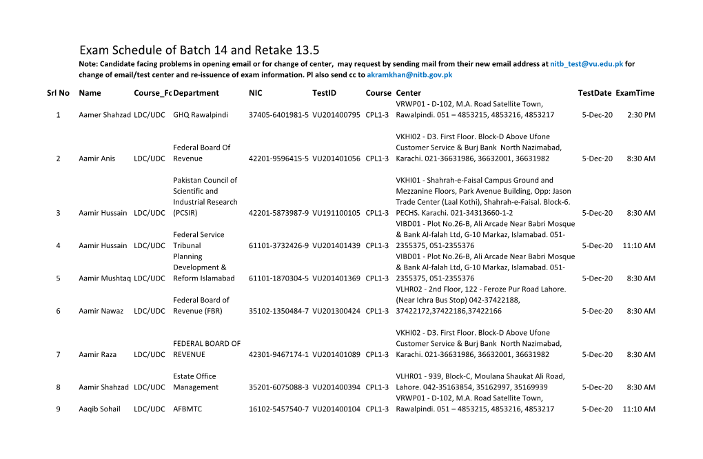 Exam Schedule of Batch 14 and Retake 13.5