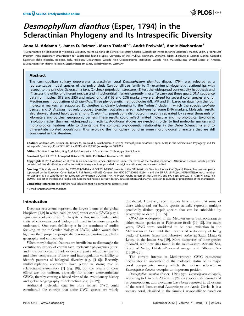 Desmophyllum Dianthus (Esper, 1794) in the Scleractinian Phylogeny and Its Intraspecific Diversity