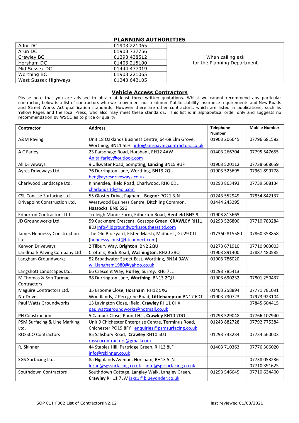 Vehicle Access Contractors List (PDF, 195KB)