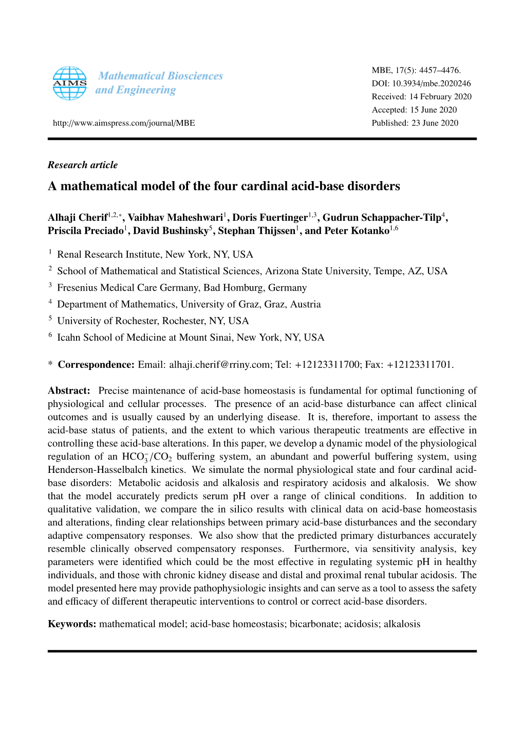 A Mathematical Model of the Four Cardinal Acid-Base Disorders