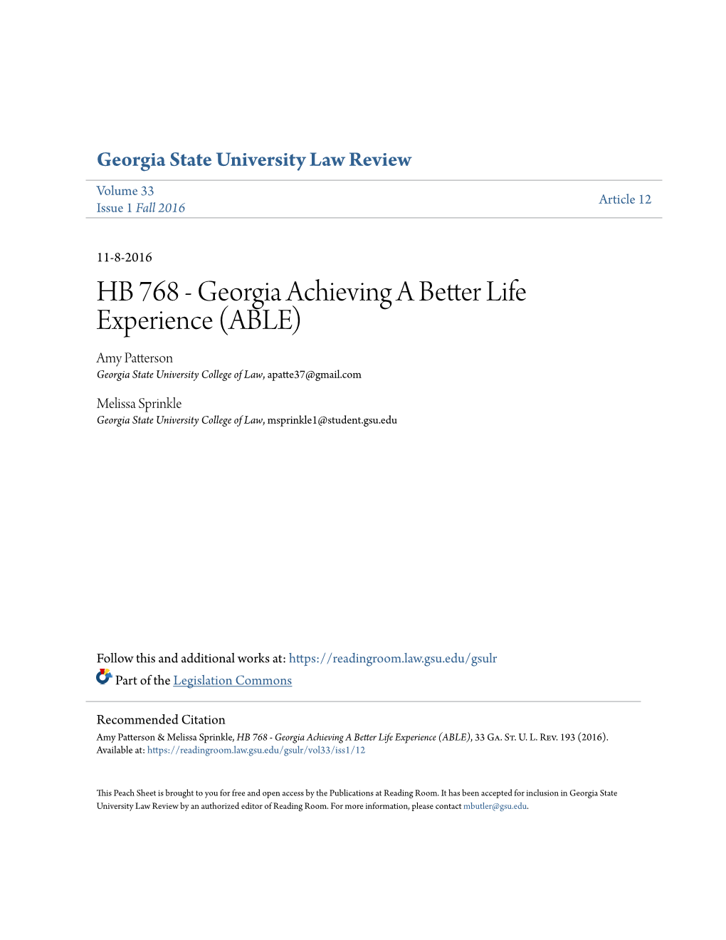 HB 768 - Georgia Achieving a Better Life Experience (ABLE) Amy Patterson Georgia State University College of Law, Apatte37@Gmail.Com