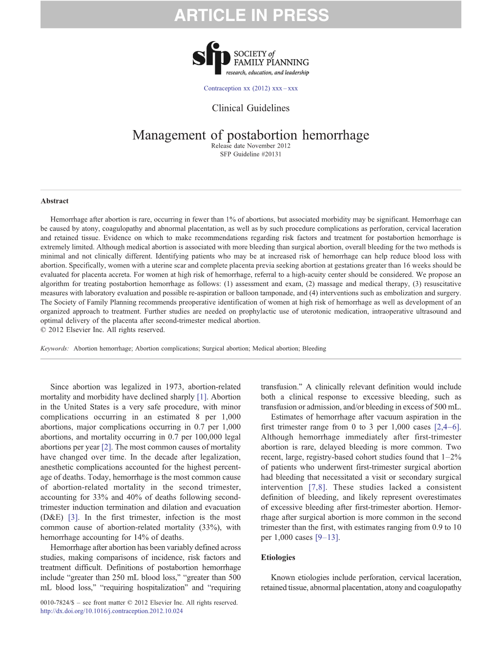 Management of Postabortion Hemorrhage Release Date November 2012 SFP Guideline #20131