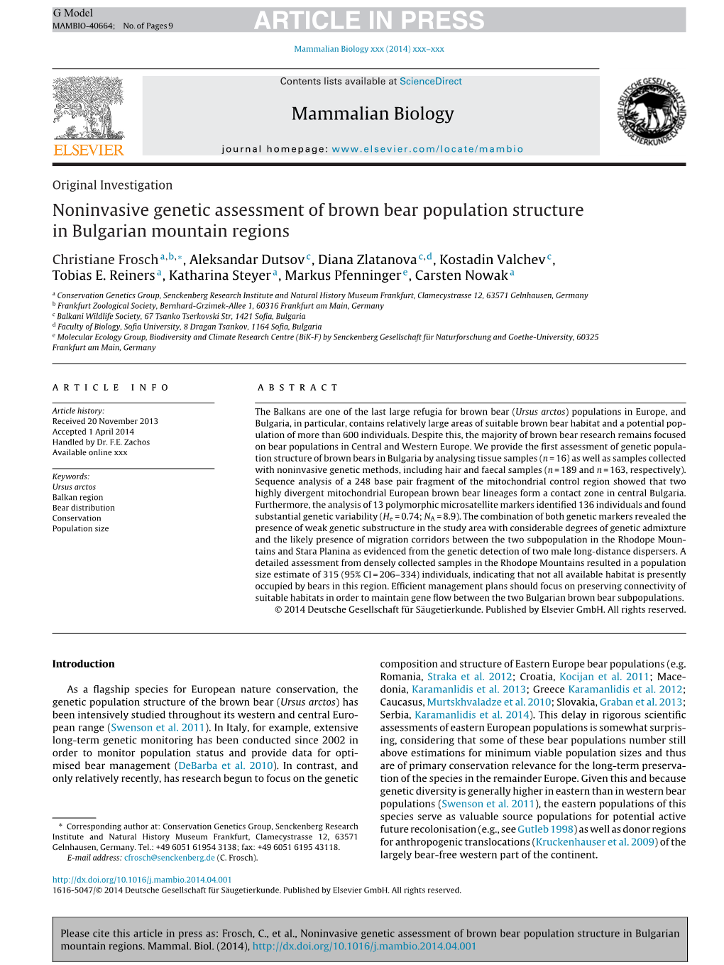 Noninvasive Genetic Assessment of Brown Bear Population Structure in Bulgarian