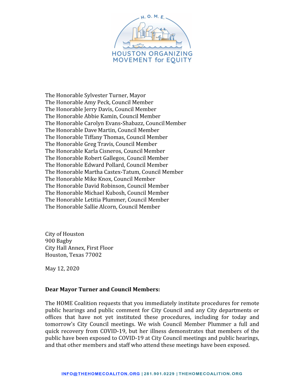 Letter to Houston Mayor and City Council from The