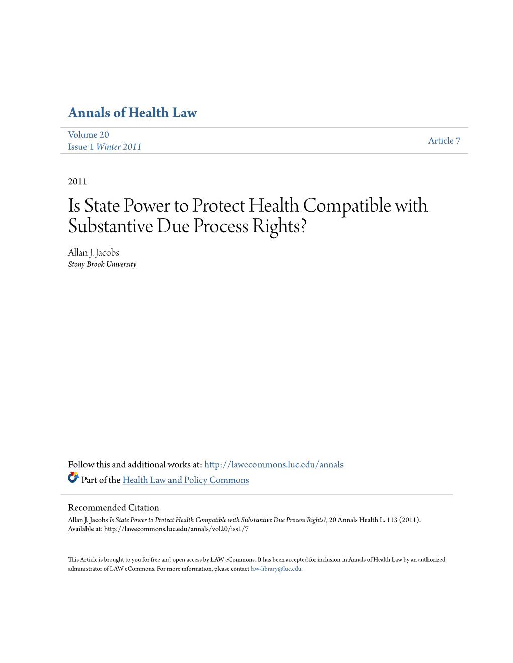 Is State Power to Protect Health Compatible with Substantive Due Process Rights? Allan J