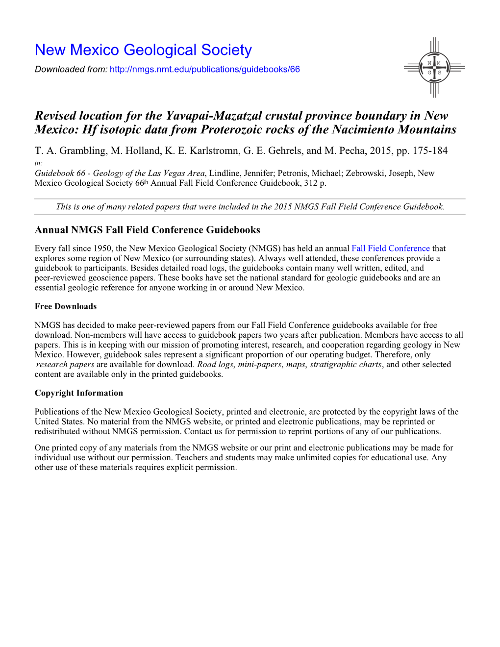 Revised Location for the Yavapai-Mazatzal Crustal Province Boundary in New Mexico: Hf Isotopic Data from Proterozoic Rocks of the Nacimiento Mountains T