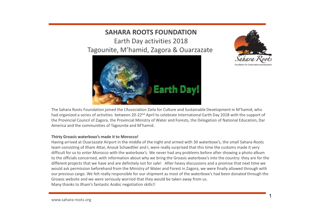 SAHARA ROOTS FOUNDATION Earth Day Activities 2018 Tagounite, M’Hamid, Zagora & Ouarzazate