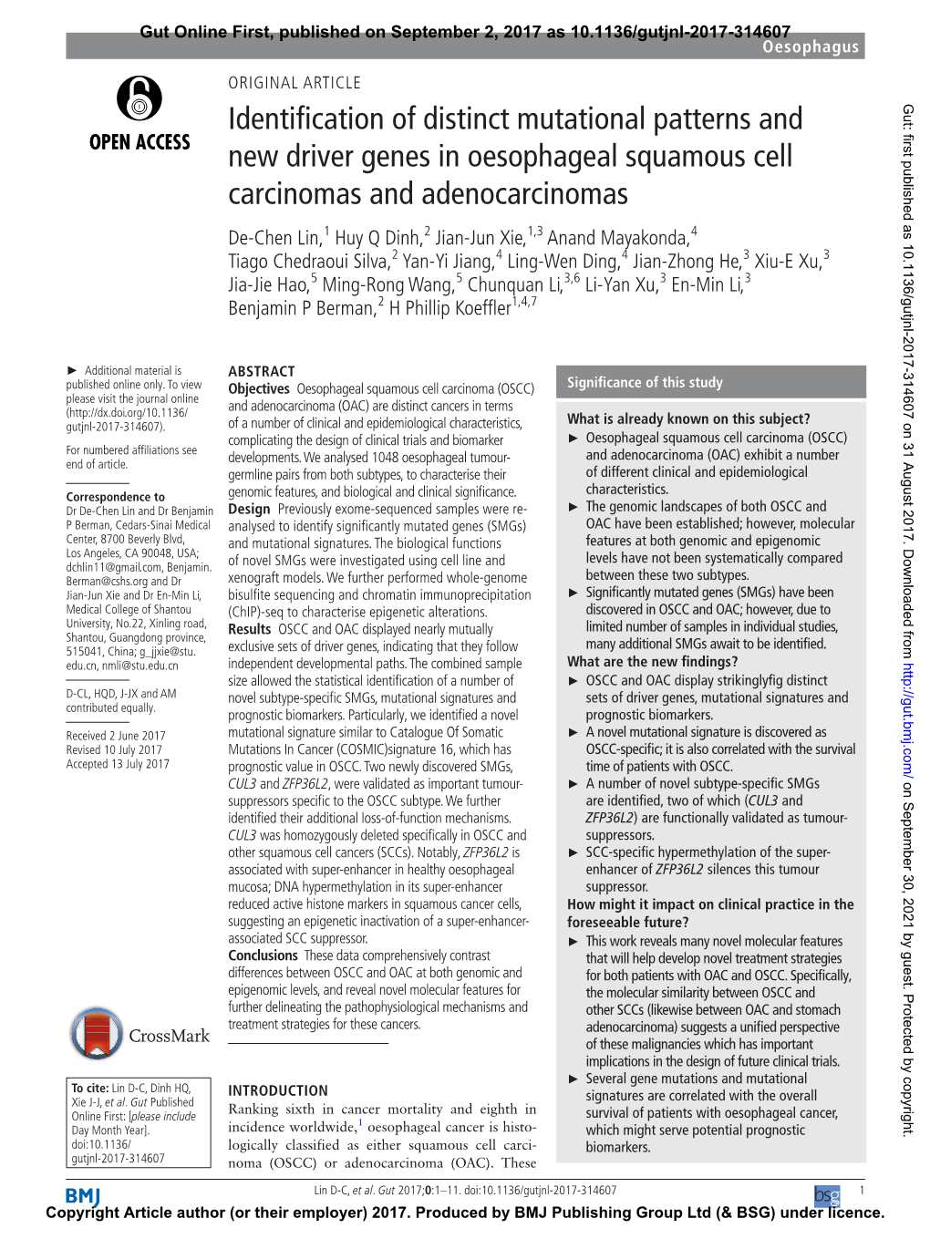 Identification of Distinct Mutational Patterns and New Driver Genes in Oesophageal Squamous Cell Carcinomas and Adenocarcinomas