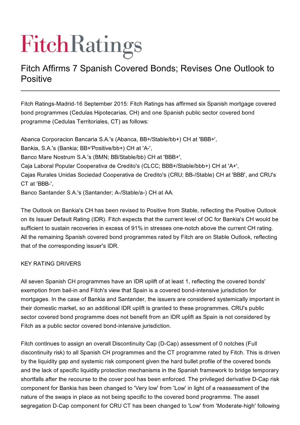 Fitch Affirms 7 Spanish Covered Bonds;Аrevises One Outlook to Positive