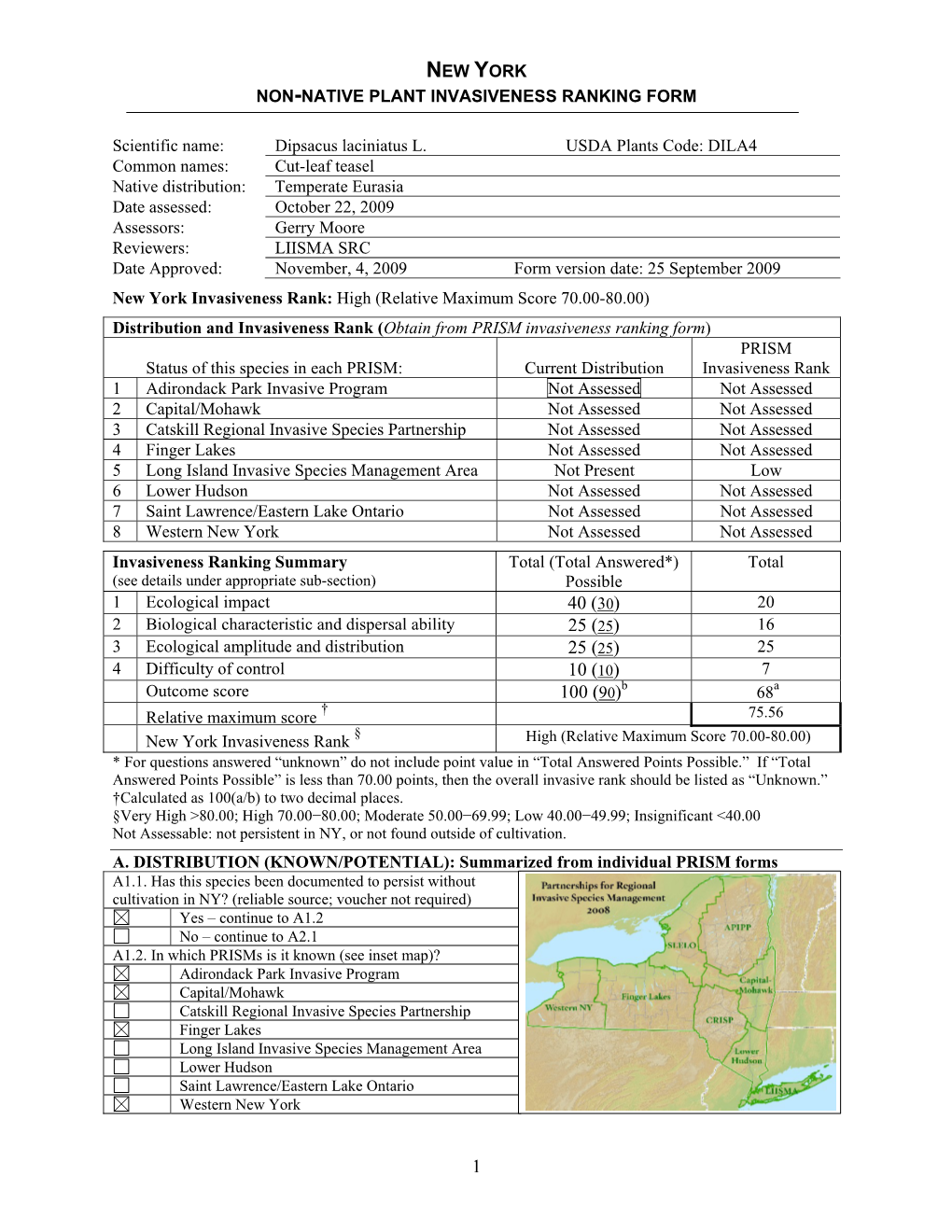 New York Non-Native Plant Invasiveness Ranking Form