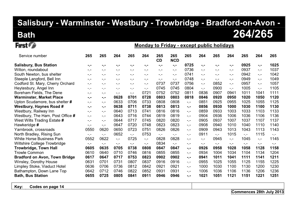 Salisbury - Warminster - Westbury - Trowbridge - Bradford-On-Avon - Bath 264/265