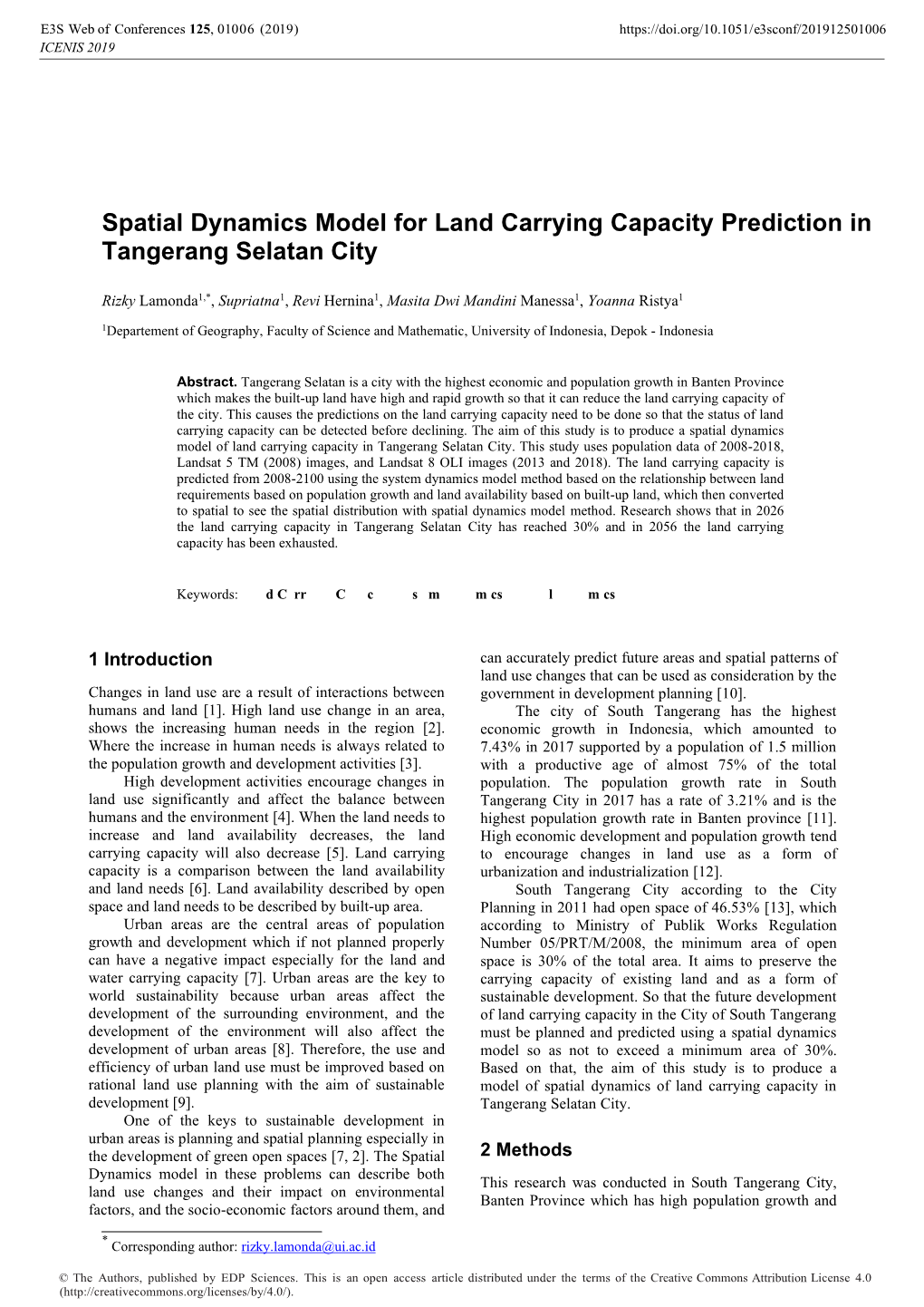 Spatial Dynamics Model for Land Carrying Capacity Prediction in Tangerang Selatan City