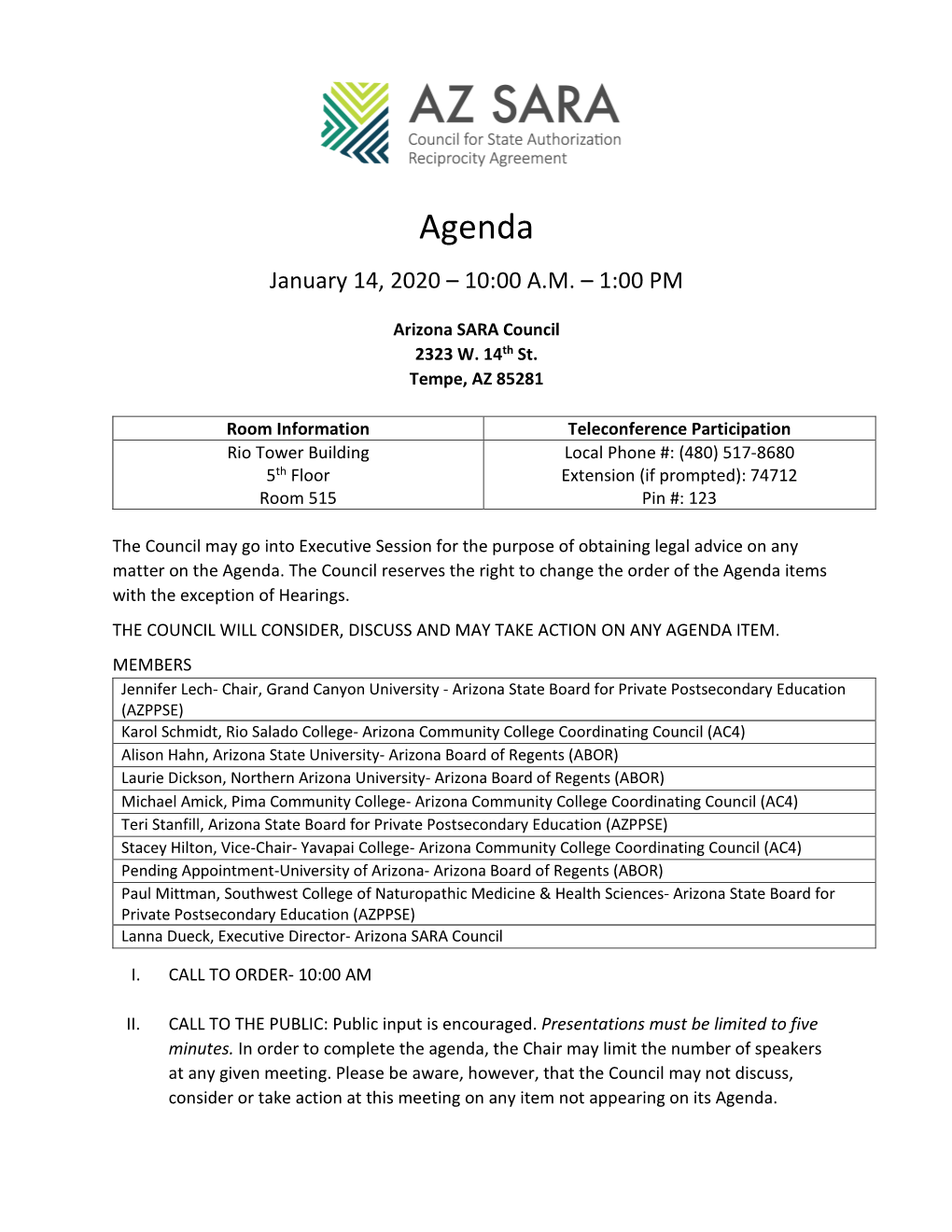 Agenda January 14, 2020 – 10:00 A.M