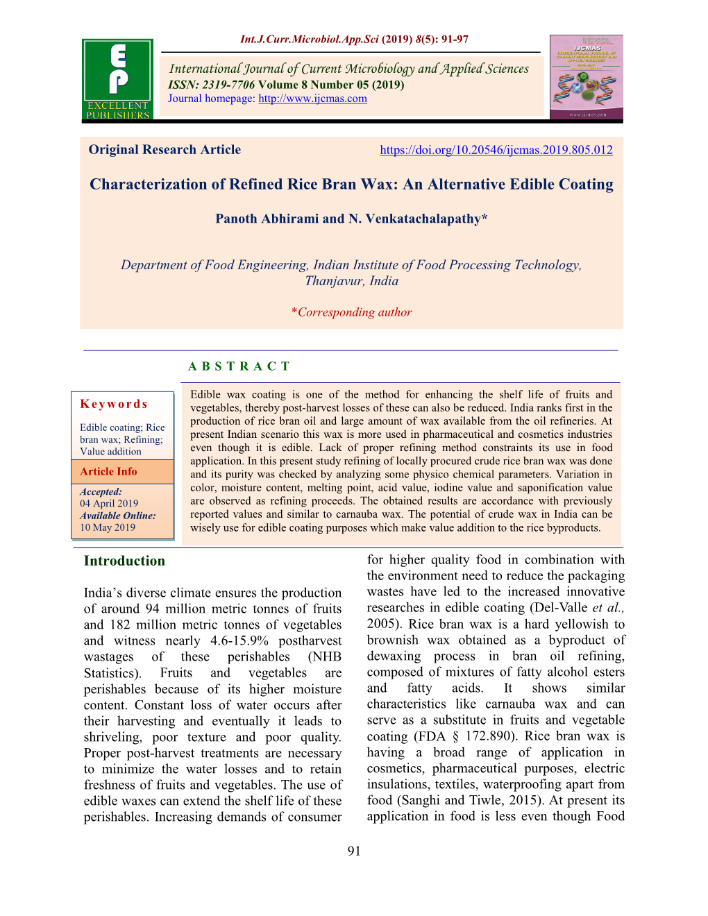 Characterization of Refined Rice Bran Wax: an Alternative Edible Coating