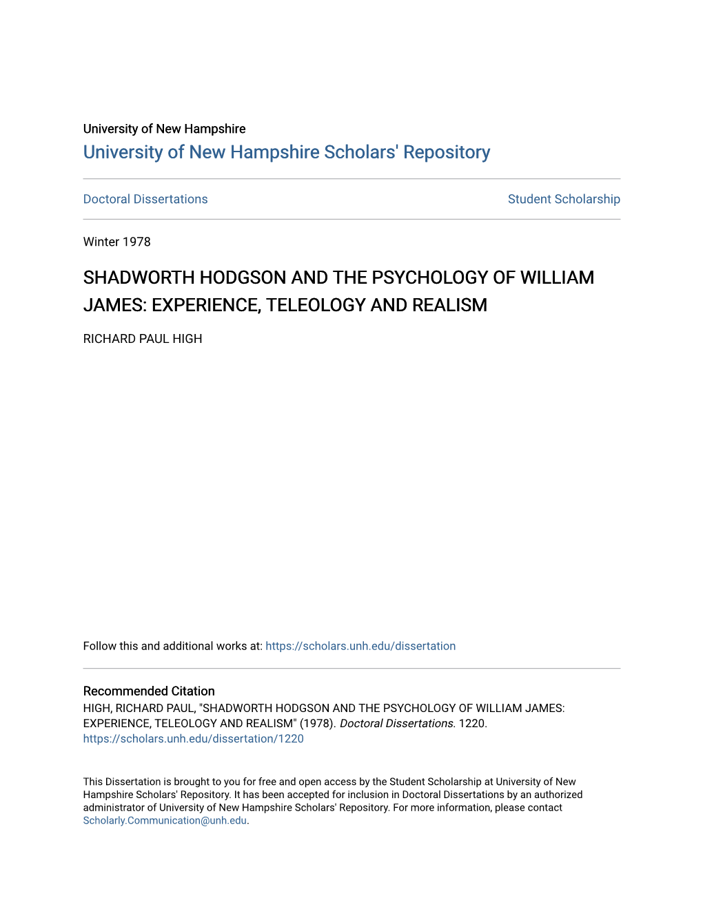 Shadworth Hodgson and the Psychology of William James: Experience, Teleology and Realism